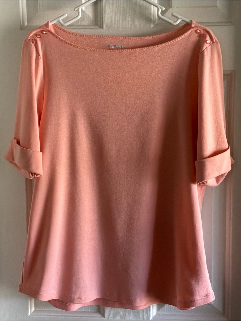 Kim Rogers Peach Short-Sleeve Boatneck Tee with Shoulder Buttons